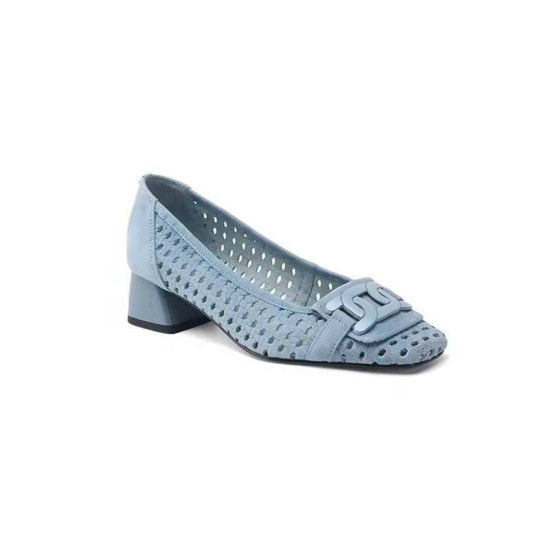 Isa Blue Block Heel Perforated Suede Pumps