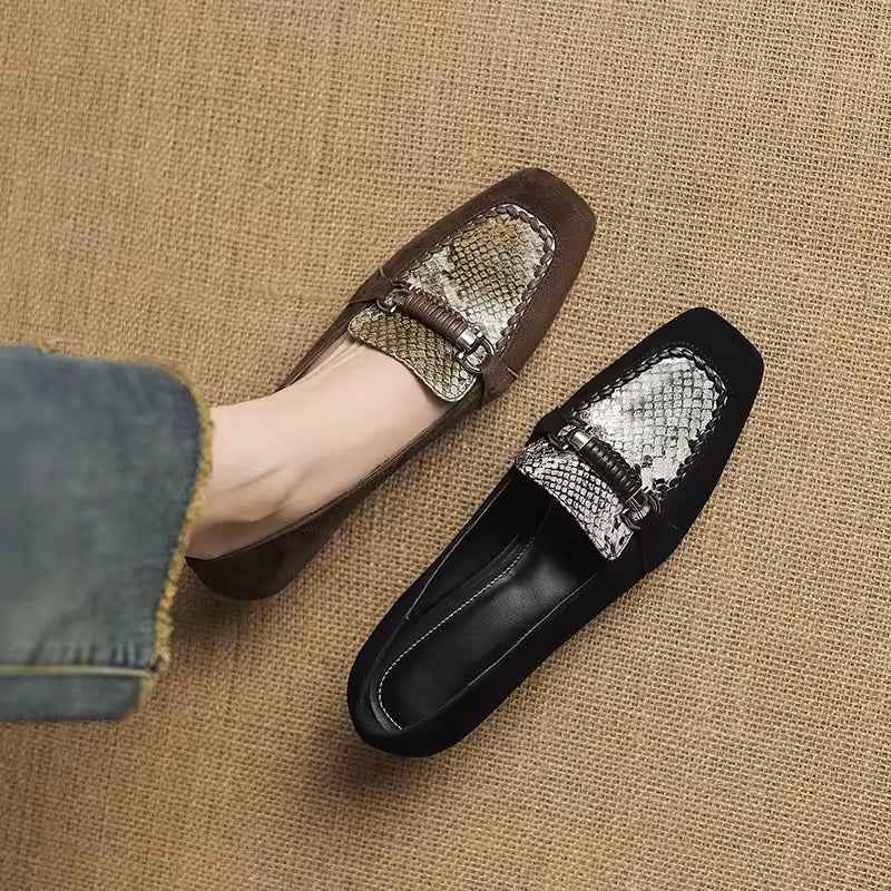 Arabella Brown Suede Low-Heeled Silver Animal Print Loafers