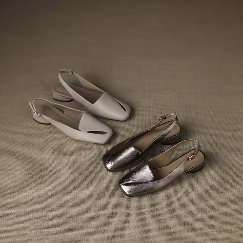 Auria Silver Gray Square Toe Split Vamp Slingback Sandals