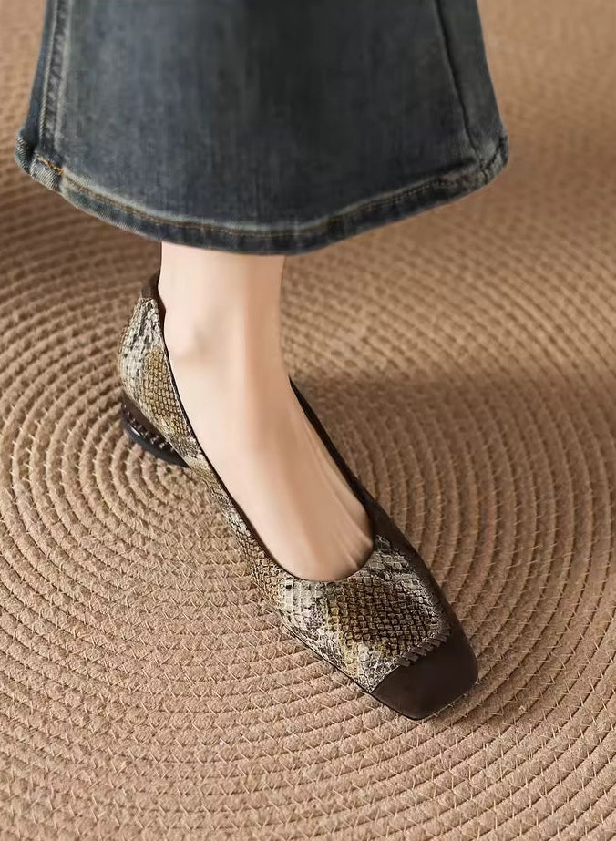 Faiz Brown Snakeskin Print Square-Toe Block Heel Pumps