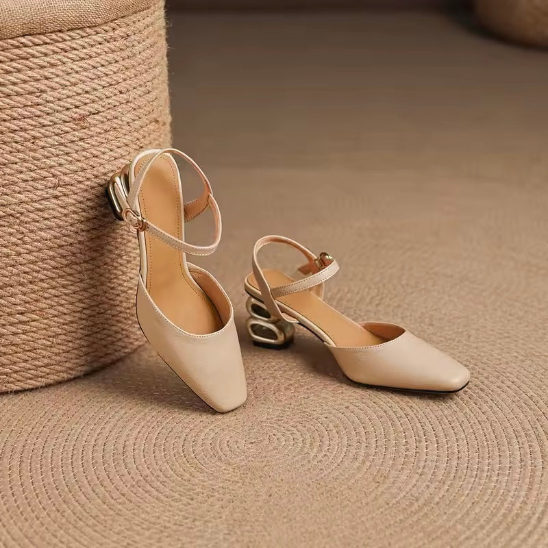 Freya Beige Leather Sculptural Heel Slingback Sandals