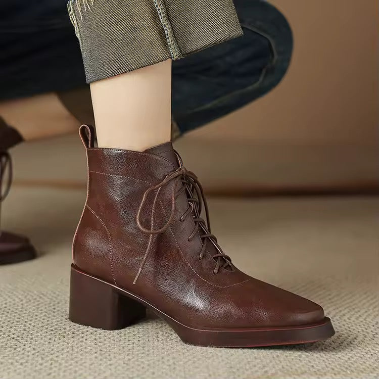Roanna Brown Leather Lace-Up Block Heel Ankle Boots