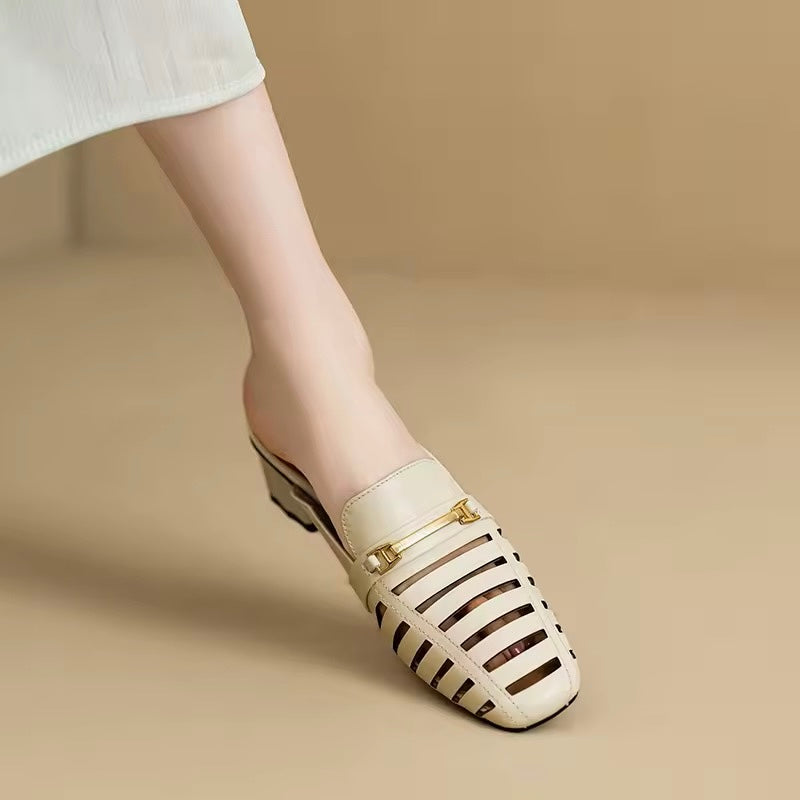 Mercy White Cut-Out Mid Height Block Heel Mules