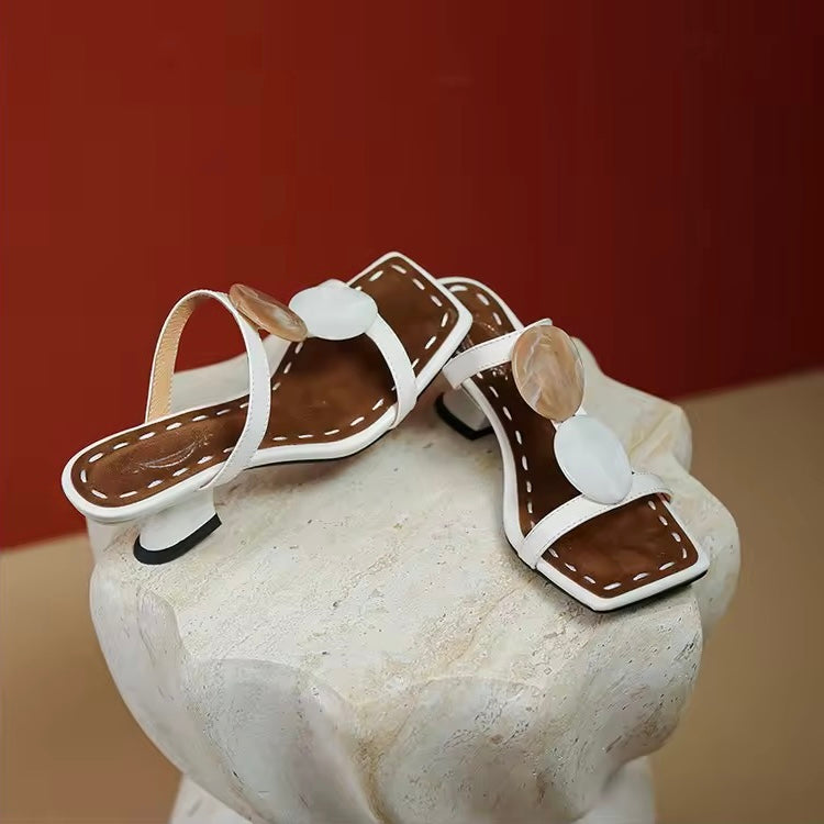 Roanna White Square Toe Marble Accent Heeled Sandals