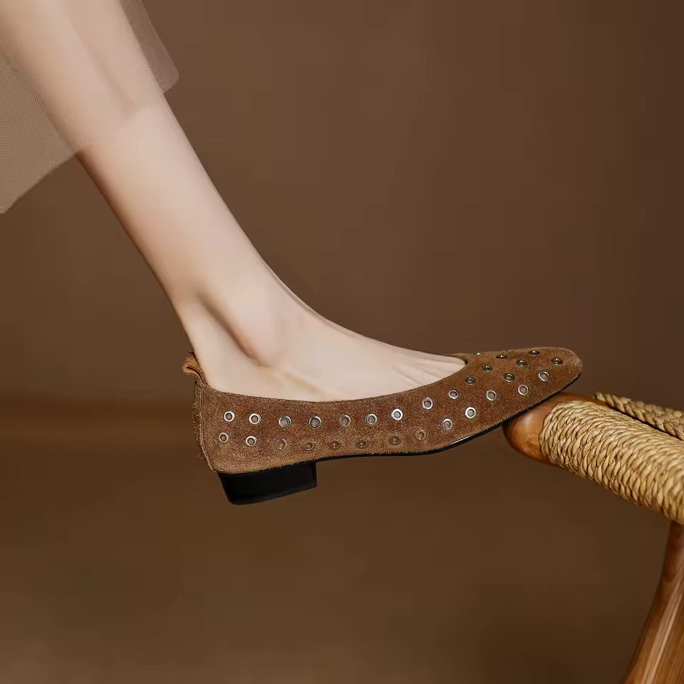 Chloe Brown Leather Grommet High Vamp Ballet Flats