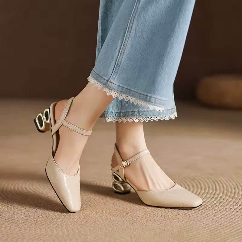 Freya Off-White Leather Sculptural Heel Slingback Sandals