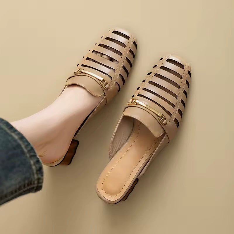 Mercy Beige Cut-Out Mid Height Block Heel Mules