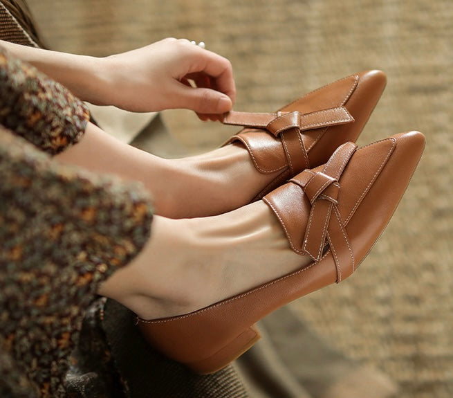 Saeda Cognac Pointed-Toe Block Heels Loafer