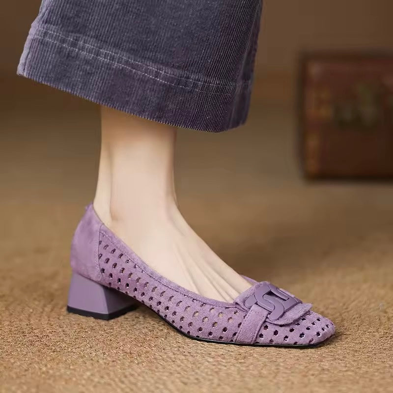 Isa Lavender Block Heel Perforated Suede Pumps