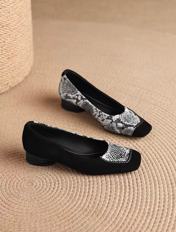Faiz Black Snakeskin Print Square-Toe Block Heel Pumps