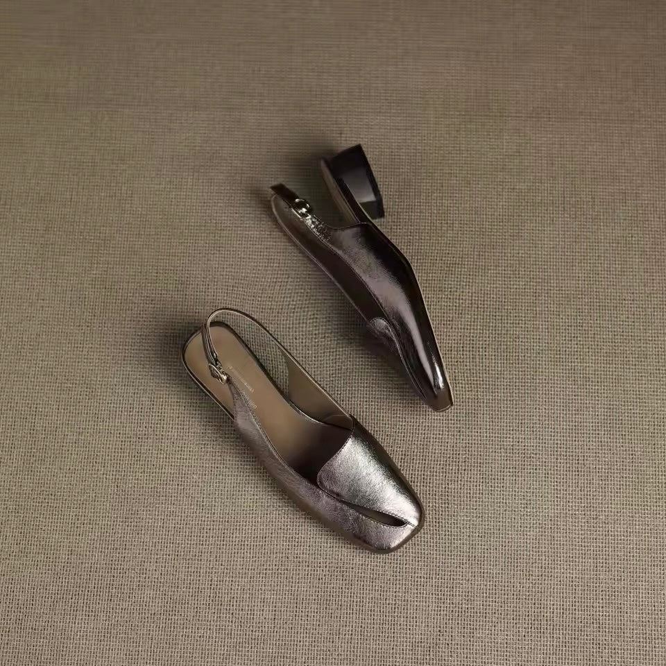Auria Silver Gray Square Toe Split Vamp Slingback Sandals