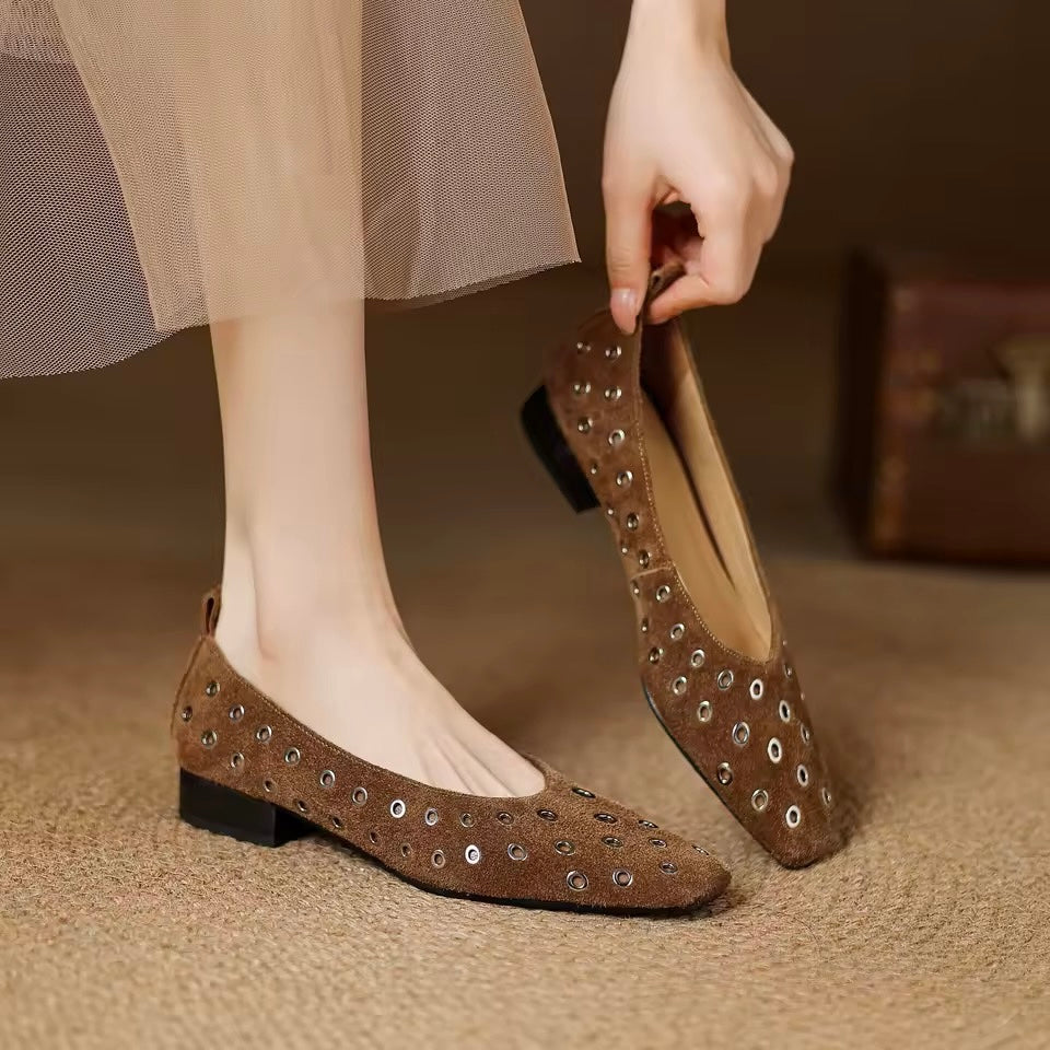Chloe Brown Leather Grommet High Vamp Ballet Flats