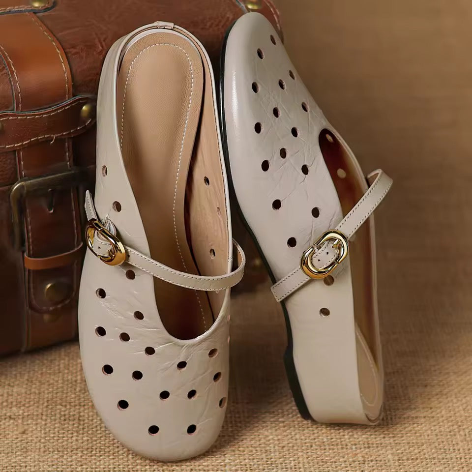Vittoria Off-White Leather Perforated Buckle Strap Slip-On Mules