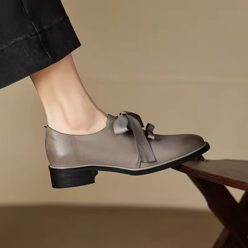 Tasha Grey Leather Ribbon Bow Accent Loafers