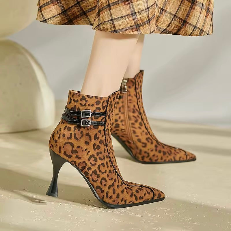 Celine Leopard-Print Flared Heel Leather Ankle Boots