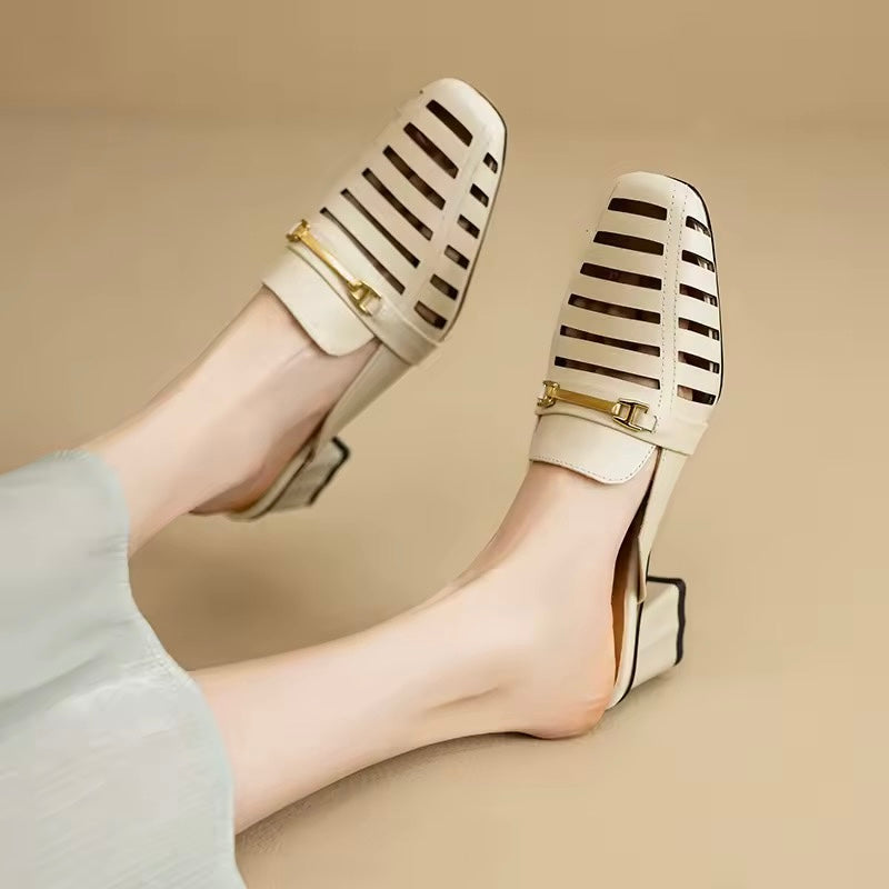Mercy White Cut-Out Mid Height Block Heel Mules