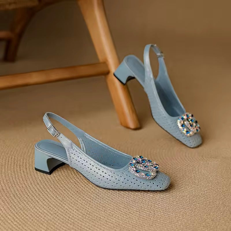 Amita Blue Perforated Crystal-Encrusted Slingback Sandals
