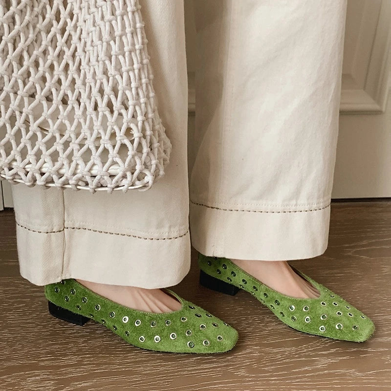 Chloe Green Leather Grommet High Vamp Ballet Flats