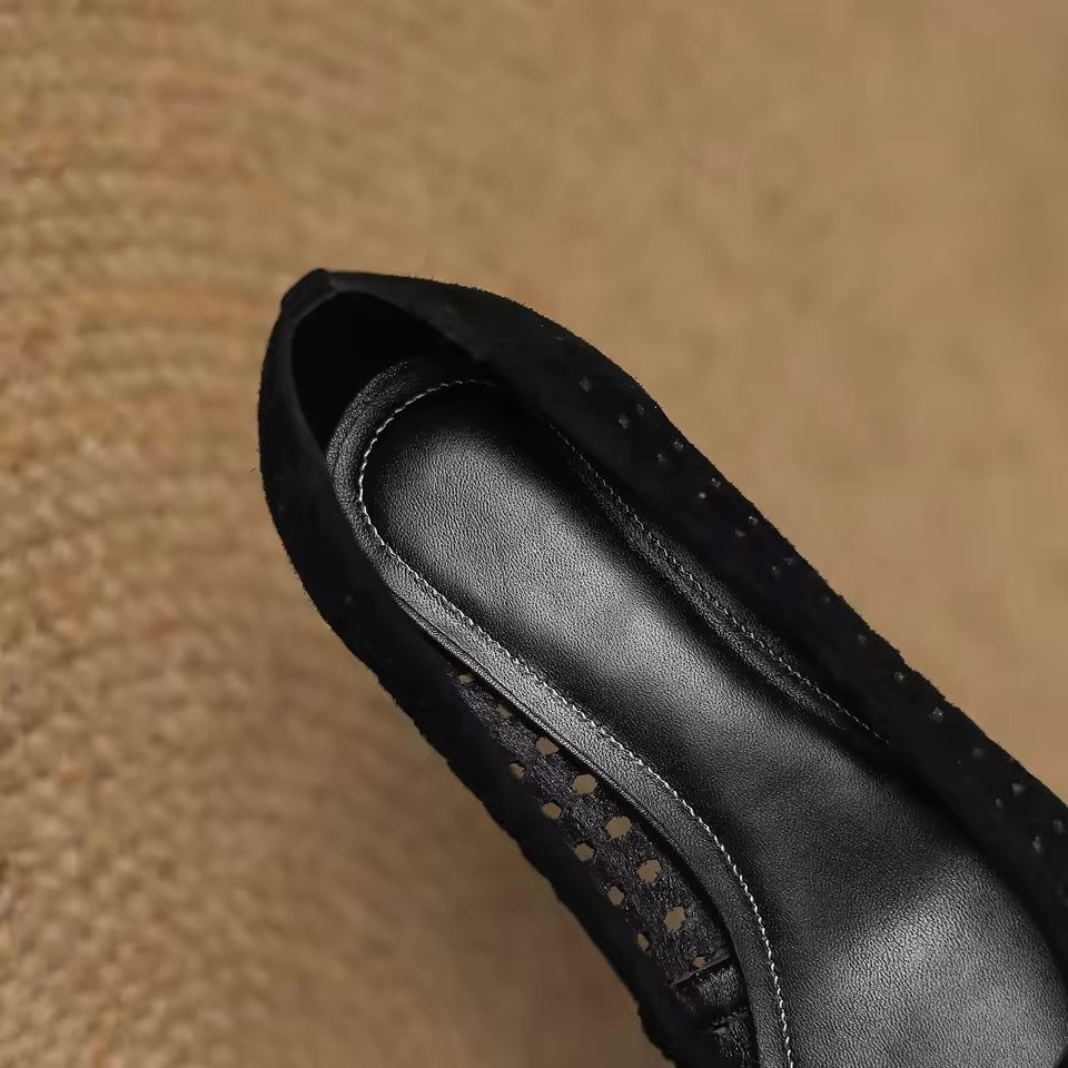 Isa Black Block Heel Perforated Suede Pumps