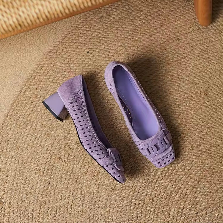 Isa Lavender Block Heel Perforated Suede Pumps