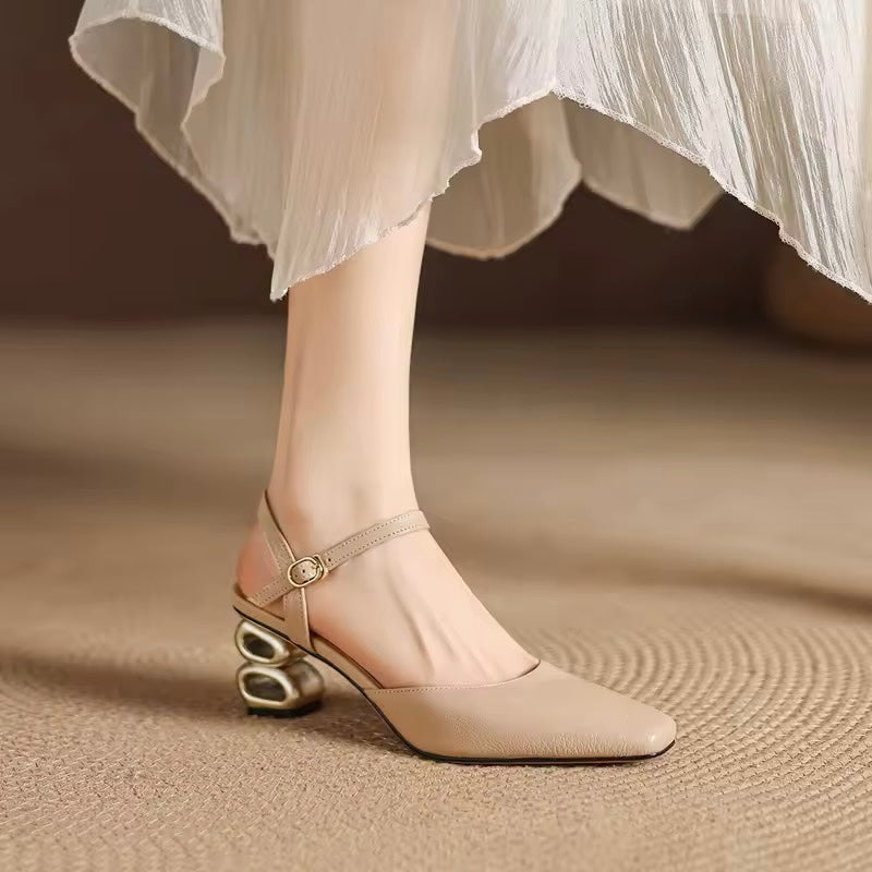 Freya Beige Leather Sculptural Heel Slingback Sandals