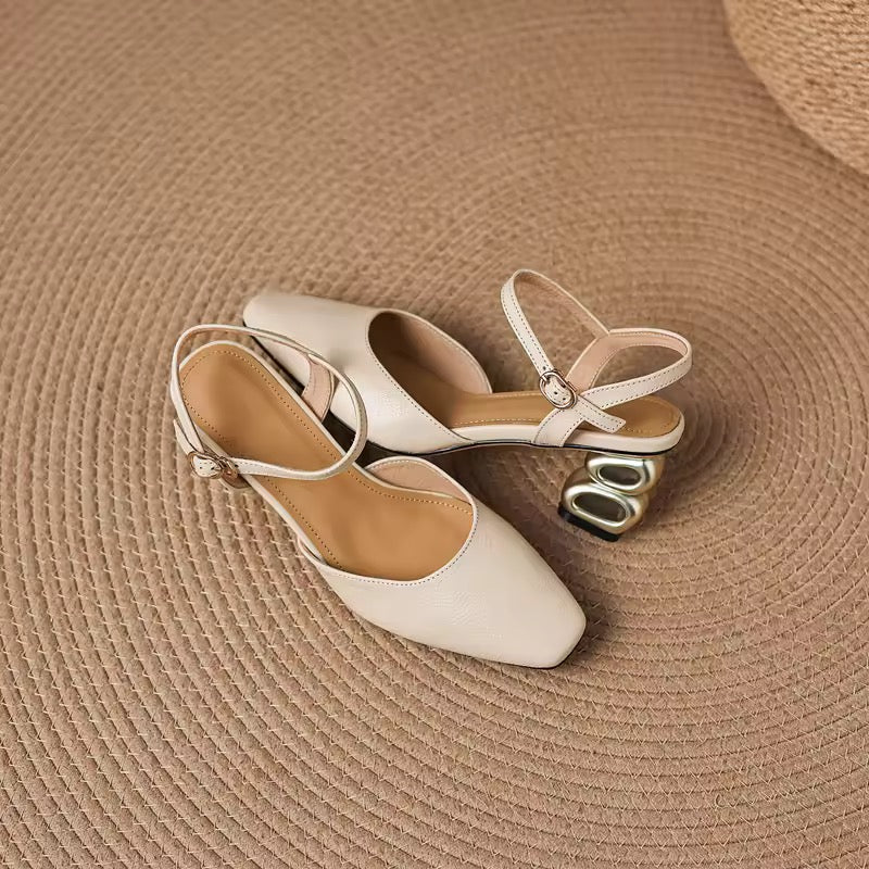 Freya Off-White Leather Sculptural Heel Slingback Sandals