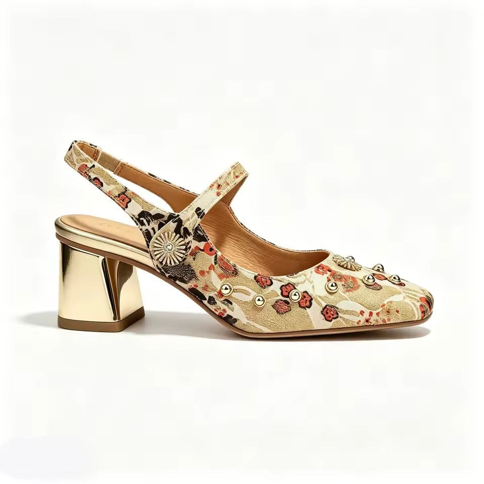 Tamia Apricot Floral Mary Jane Block Heel Slingbacks