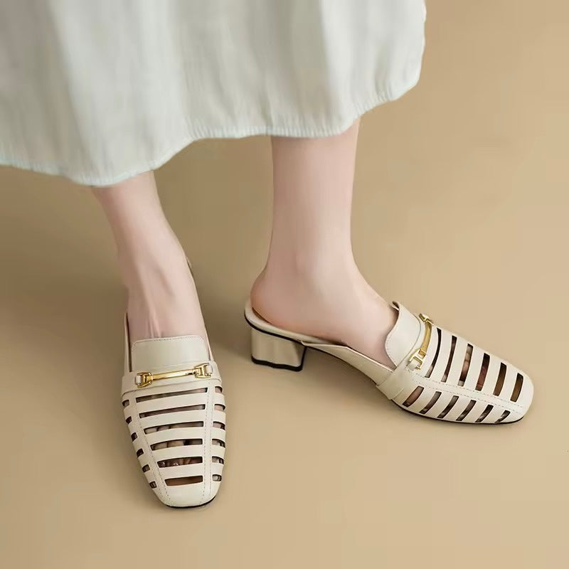 Mercy White Cut-Out Mid Height Block Heel Mules