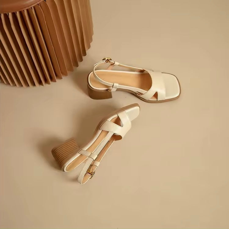 Paulina Cream-White Leather Strides Low-Block Sandals