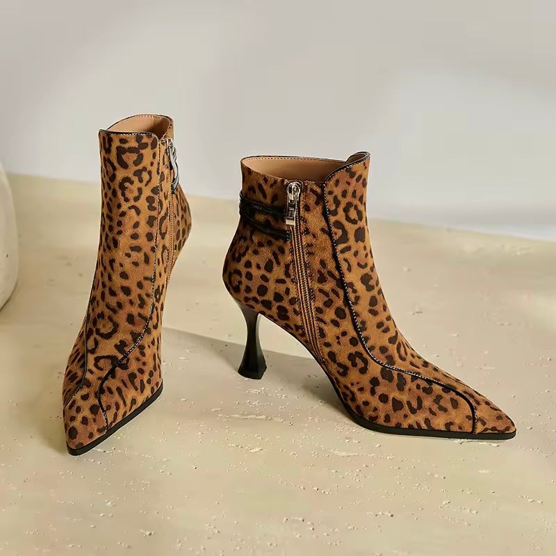 Celine Leopard-Print Flared Heel Leather Ankle Boots