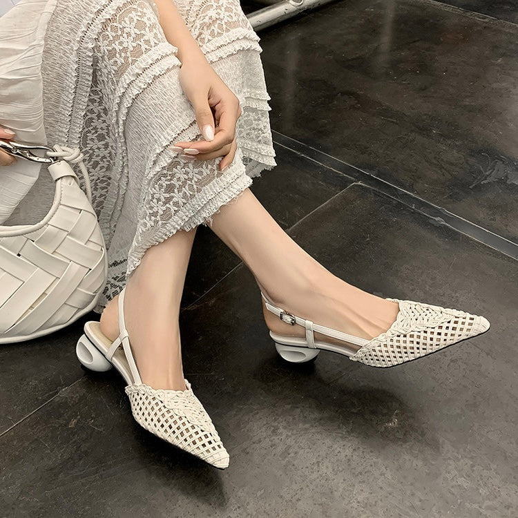Tracy White Woven Pointy-Toe Slingback