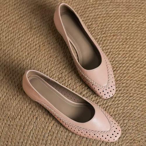 Alice Pink Leather Braided Trim Chunky Low Heel Pumps