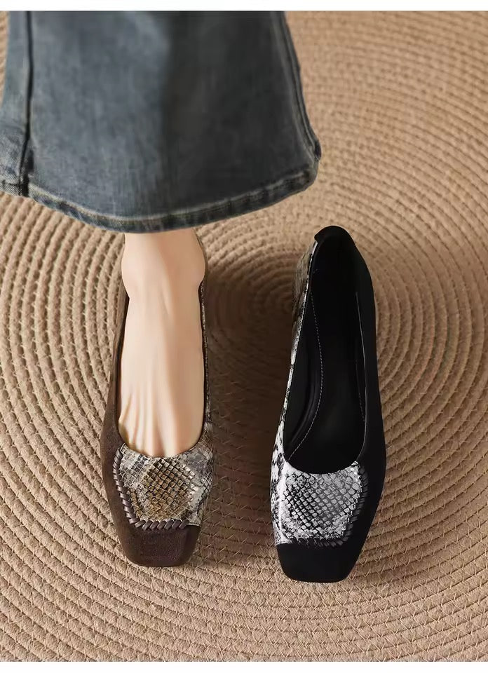Faiz Black Snakeskin Print Square-Toe Block Heel Pumps