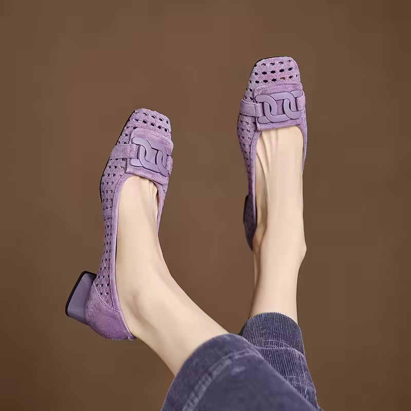 Isa Lavender Block Heel Perforated Suede Pumps