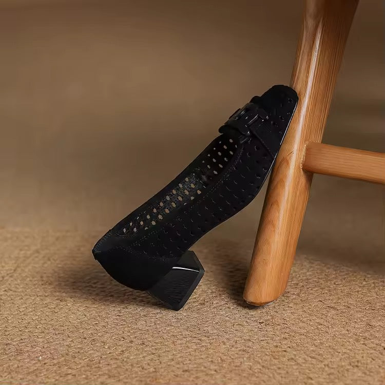 Isa Black Block Heel Perforated Suede Pumps