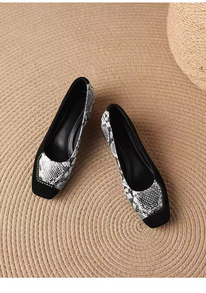Faiz Black Snakeskin Print Square-Toe Block Heel Pumps