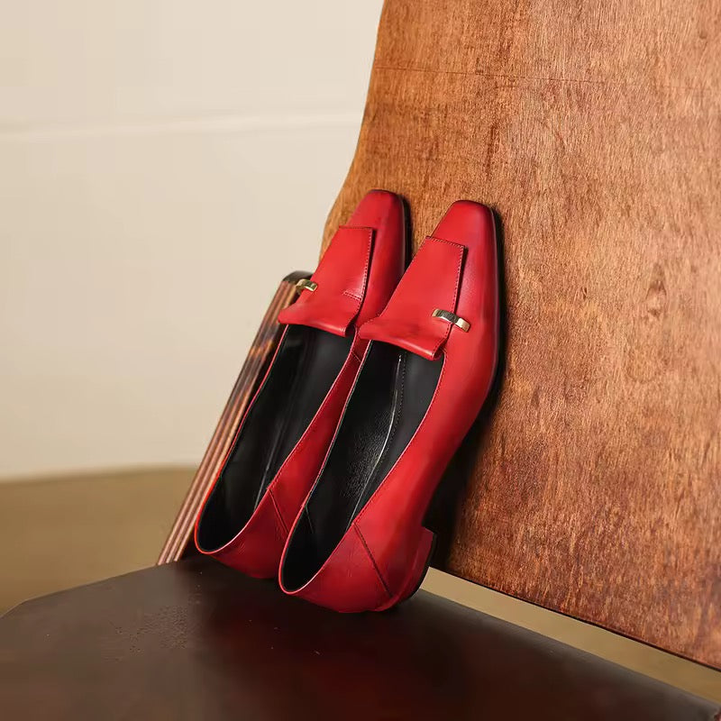 Heloise Red Genuine Leather Square Toe Pumps