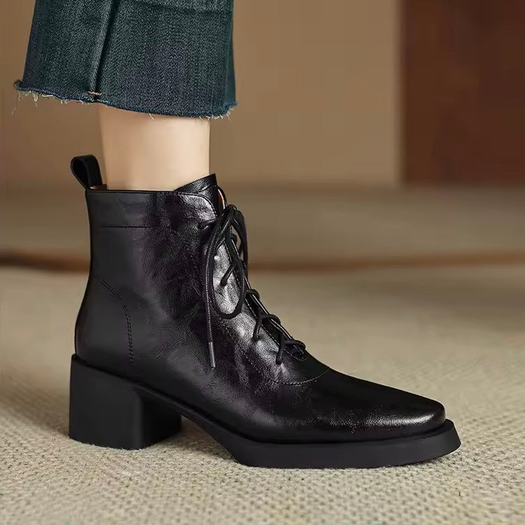 Roanna Black Leather Lace-Up Block Heel Ankle Boots