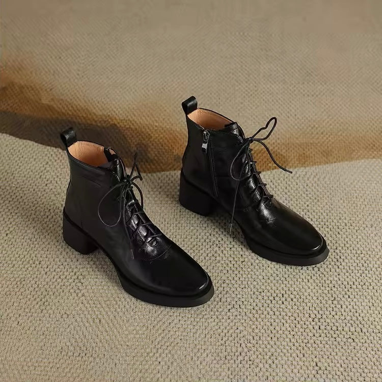 Roanna Black Leather Lace-Up Block Heel Ankle Boots