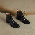 Roanna Black Leather Lace-Up Block Heel Ankle Boots