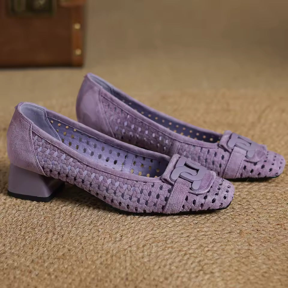 Isa Lavender Block Heel Perforated Suede Pumps