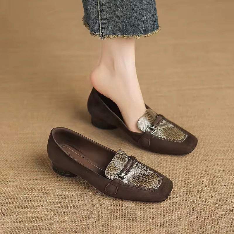 Arabella Brown Suede Low-Heeled Silver Animal Print Loafers