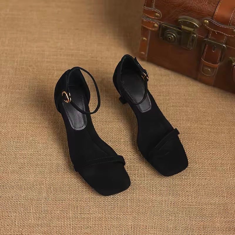 Ivy Black Suede Leather Square Toe Kitten Heel Sandals