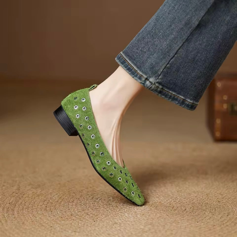 Chloe Green Leather Grommet High Vamp Ballet Flats