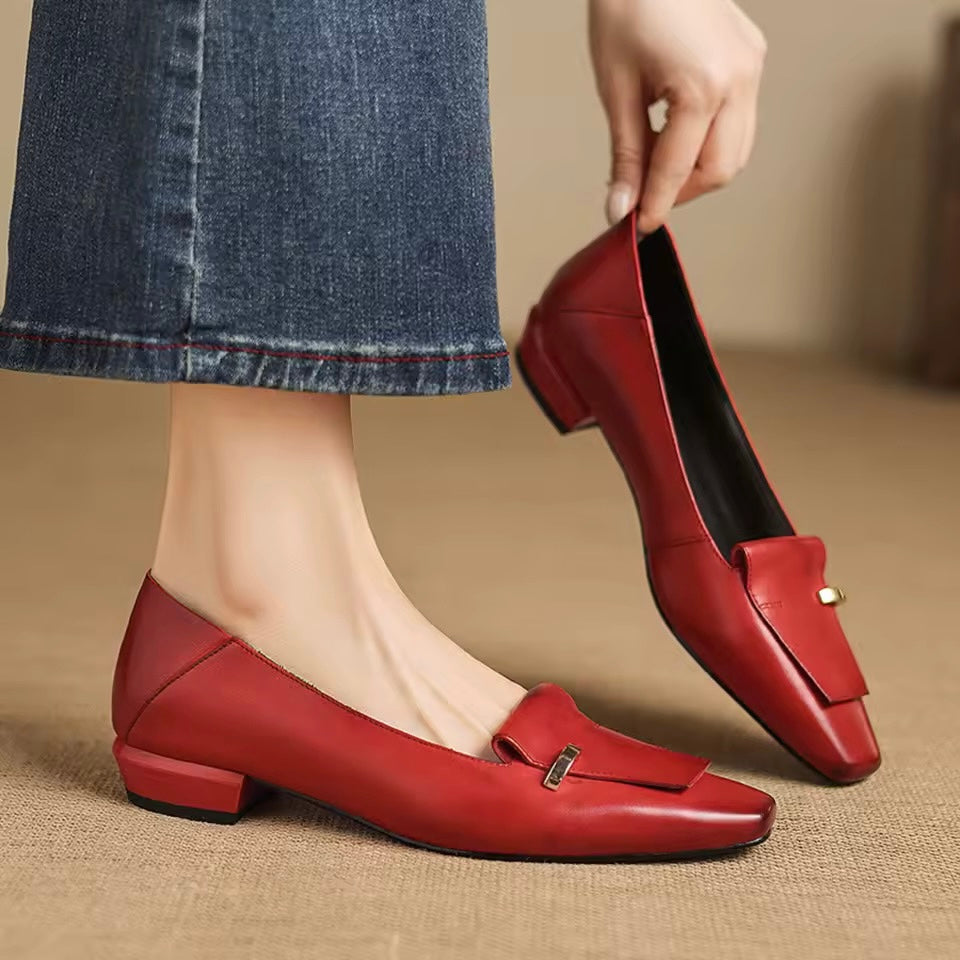 Heloise Red Genuine Leather Square Toe Pumps