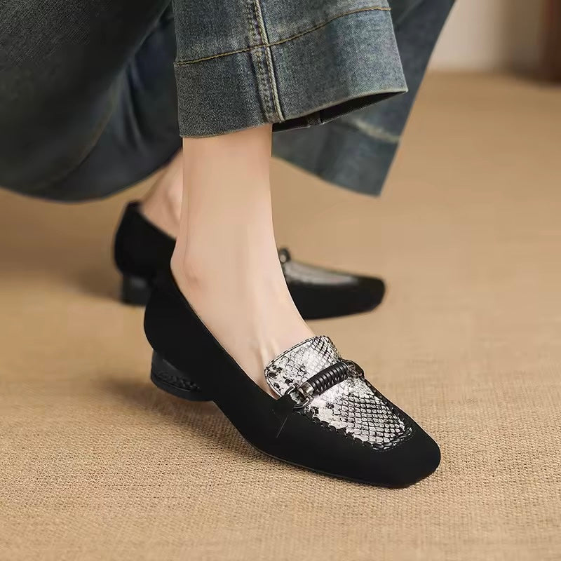 Arabella Black Suede Low-Heeled Silver Animal Print Loafers