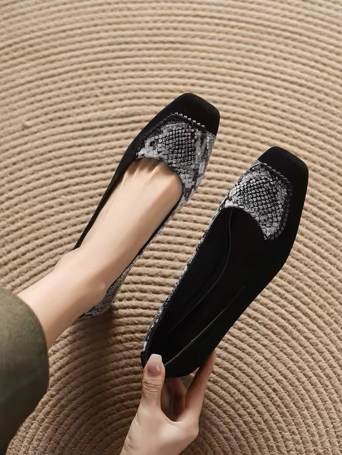 Faiz Black Snakeskin Print Square-Toe Block Heel Pumps