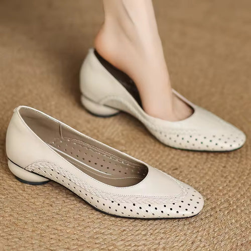 Alice Cream-white Leather Braided Trim Chunky Low Heel Pumps