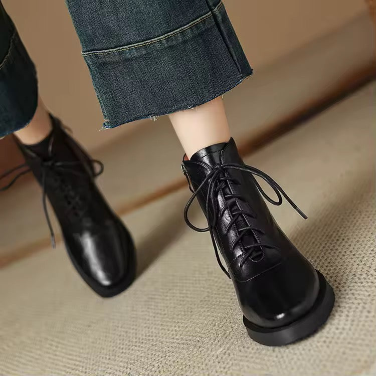 Roanna Black Leather Lace-Up Block Heel Ankle Boots