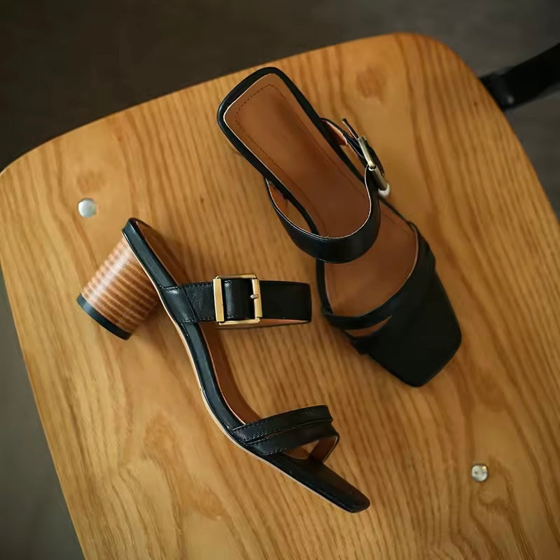 Jasmine Emma Black Leather Block Heel Mule Sandal